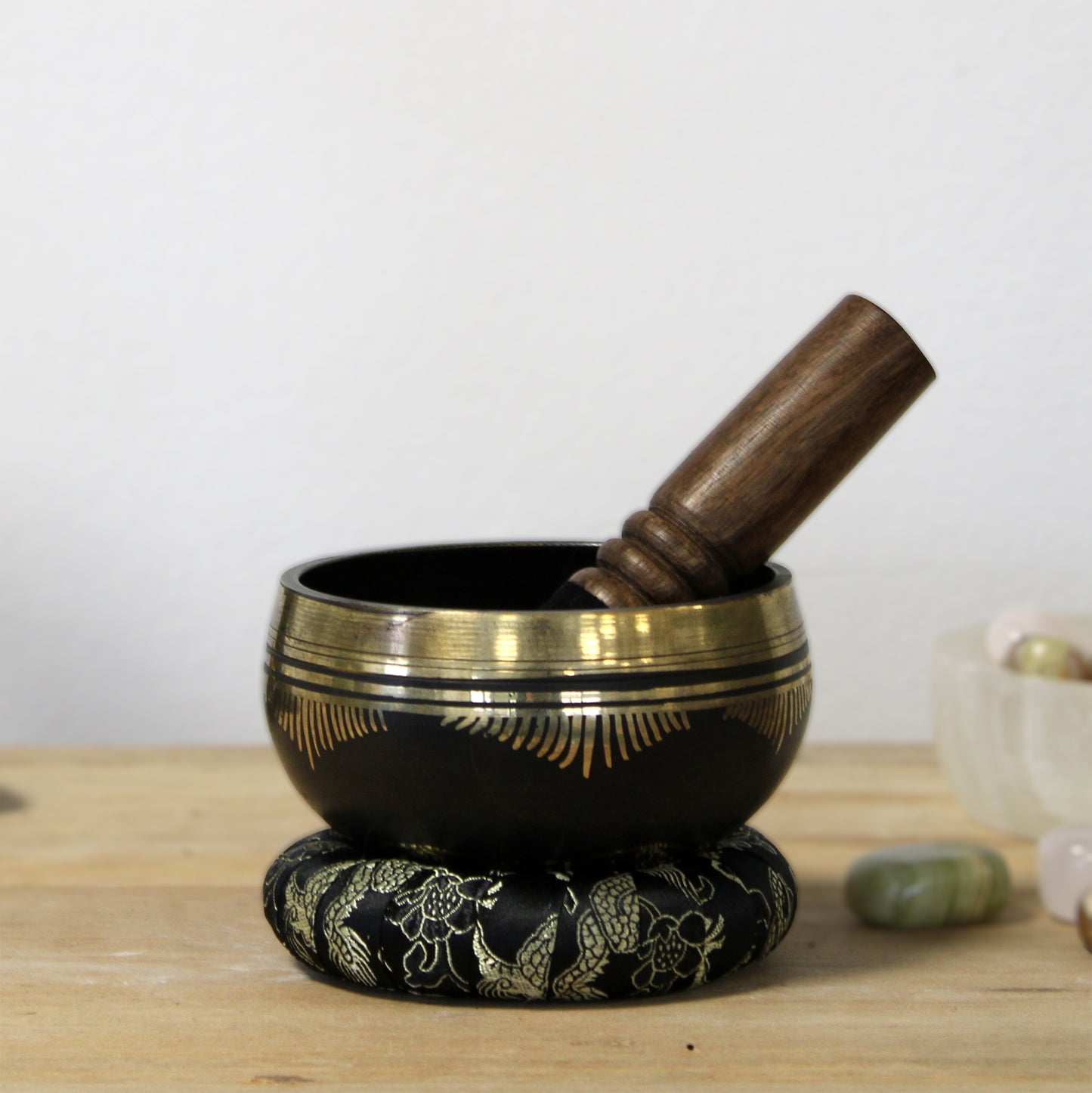 Black & Gold Brass Singing Bowl – Flower of Life (9cm) | High Tone for Clarity & Calm