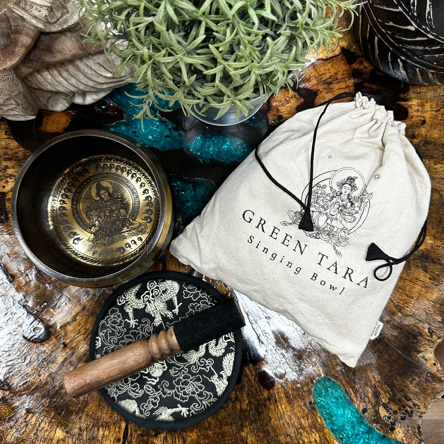 Hand Beaten & Engraved Tibetan Singing Bowl Set – Green Tara (14cm) | Rich, Meditative Tones for Spiritual Practice
