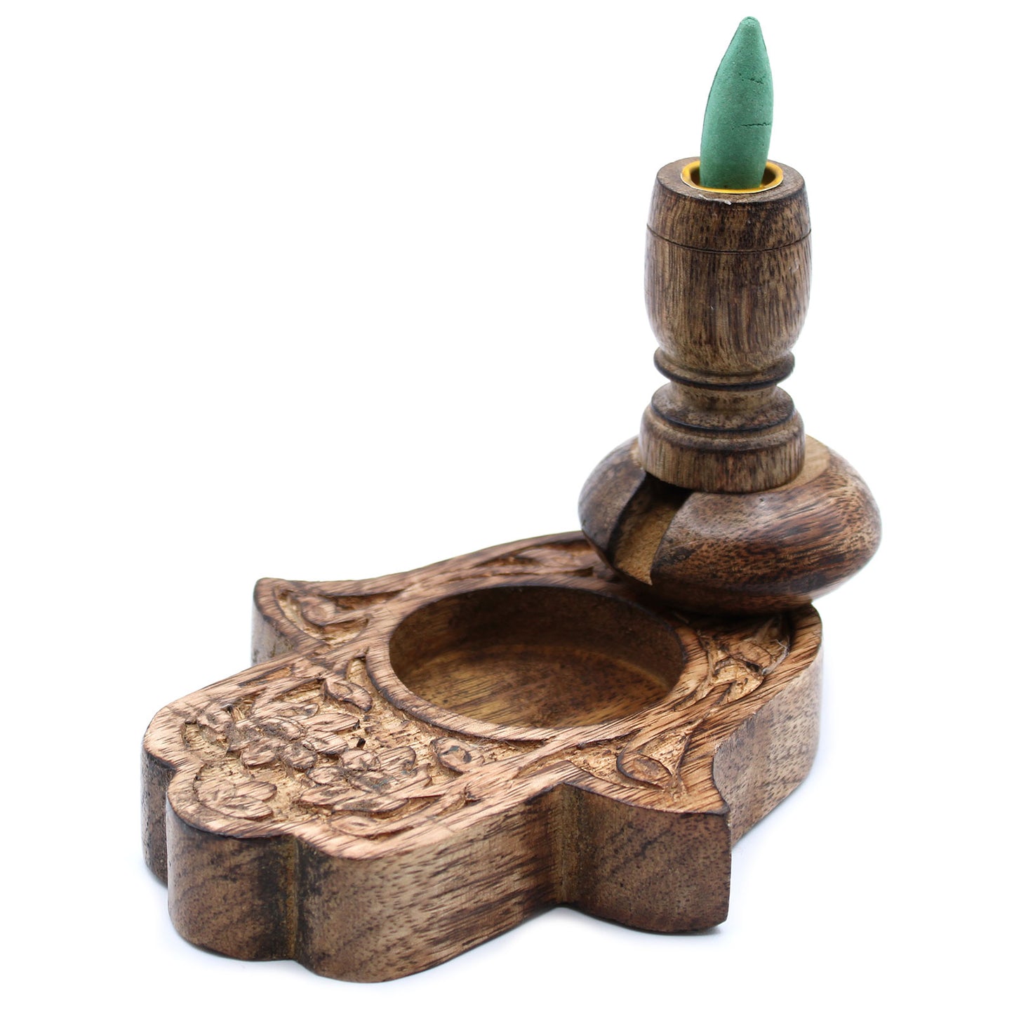 Hamsa Mango Wood Backflow Incense Burner – Small | Handcrafted Spiritual Smoke Cascade Burner