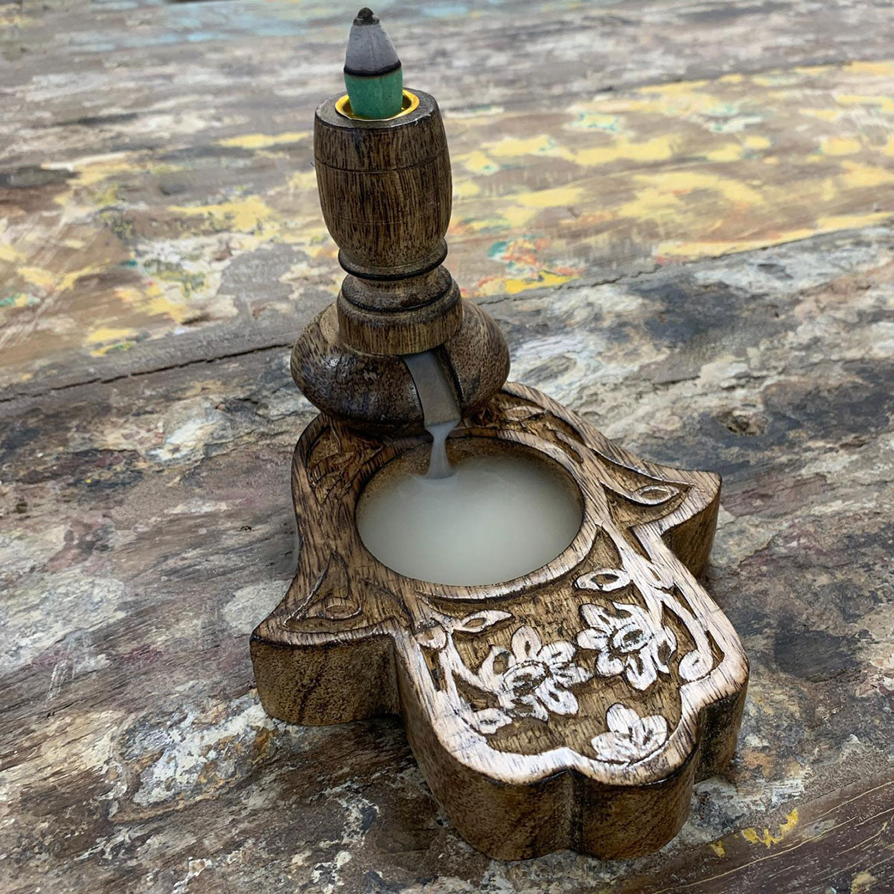 Hamsa Mango Wood Backflow Incense Burner – Small | Handcrafted Spiritual Smoke Cascade Burner