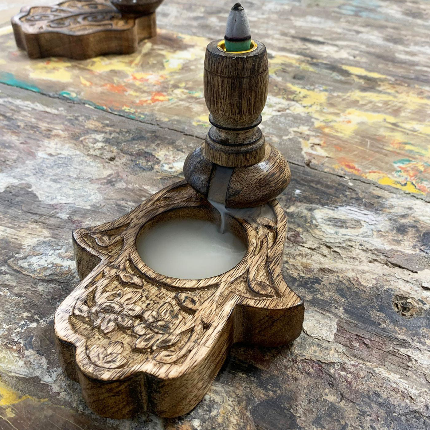 Hamsa Mango Wood Backflow Incense Burner – Small | Handcrafted Spiritual Smoke Cascade Burner