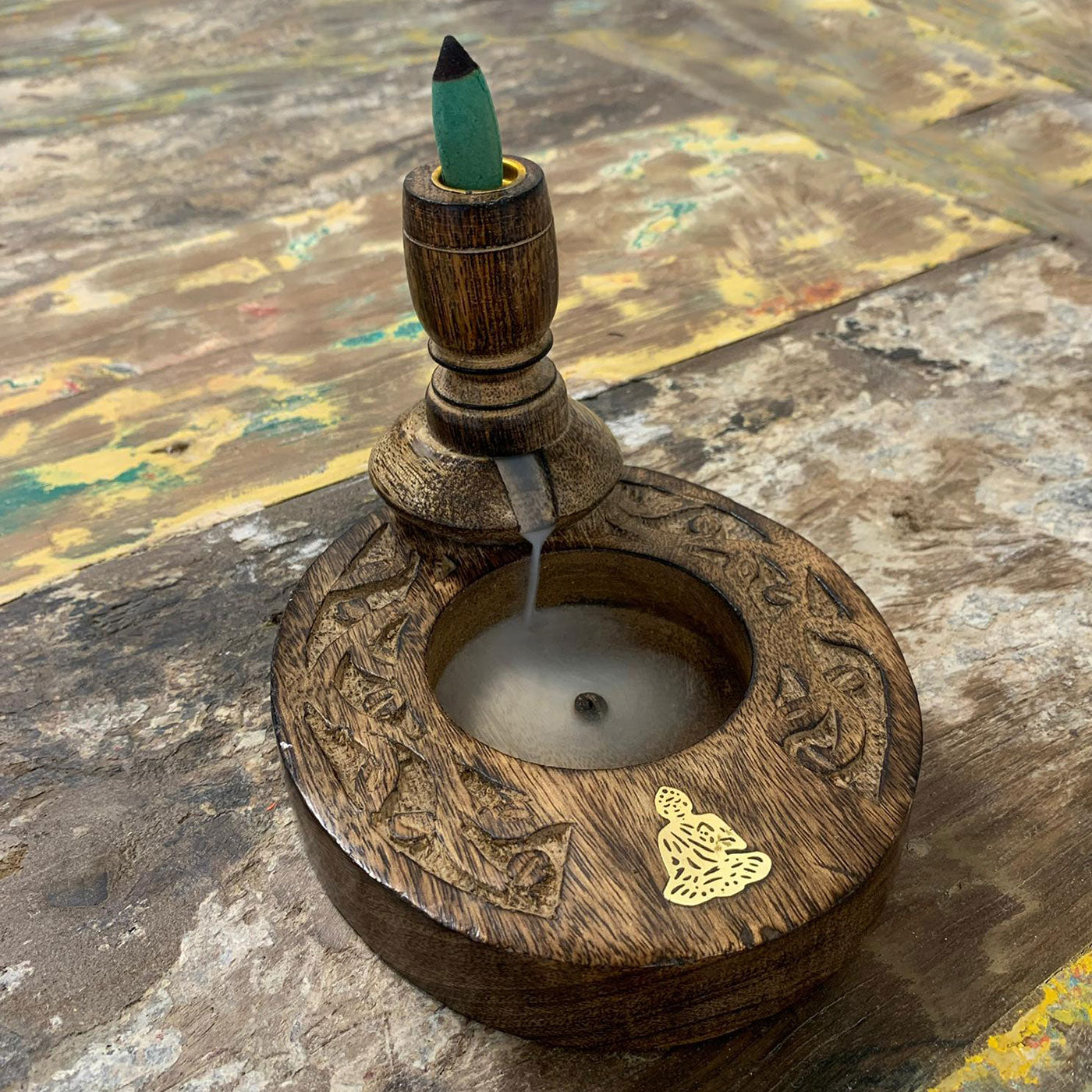 Brass Buddha Mango Wood Backflow Incense Burner – Small | Handcrafted Wooden Burner with Peaceful Aura