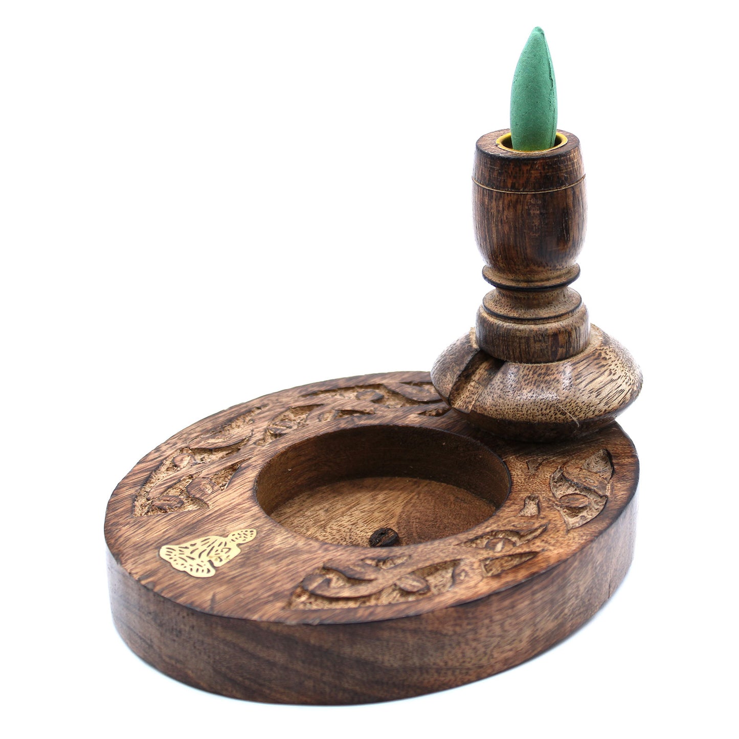 Brass Buddha Mango Wood Backflow Incense Burner – Small | Handcrafted Wooden Burner with Peaceful Aura