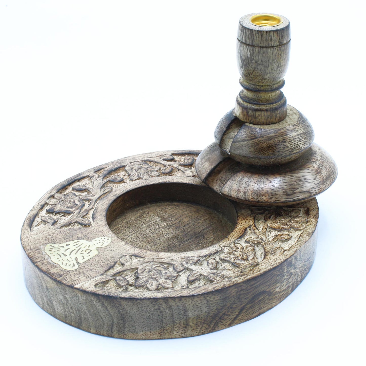 Brass Buddha Mango Wood Backflow Incense Burner – Medium | Handcrafted Zen Meditation Burner