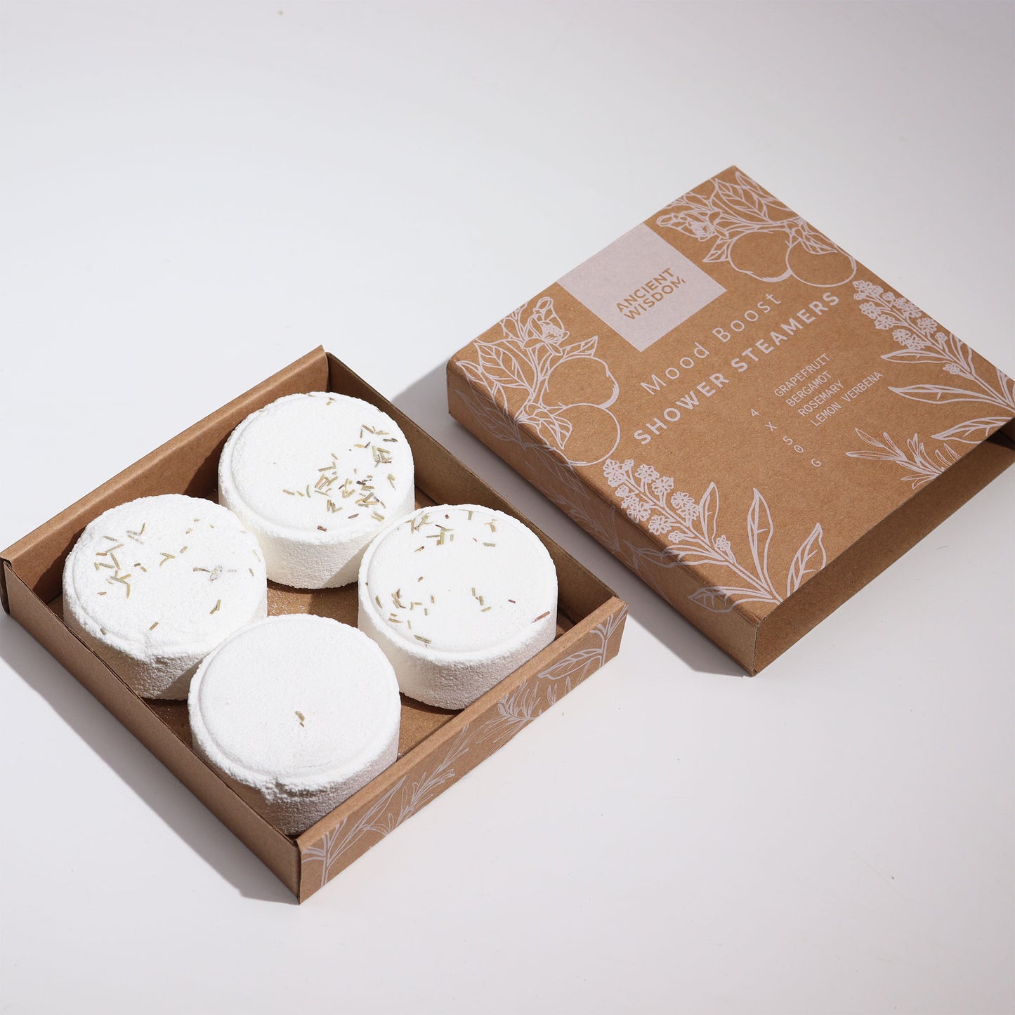Mood Boost Aromatherapy Shower Steamers – Set of 4 x 50g | Grapefruit, Bergamot, Rosemary, & Lemon Tea Tree Essential Oils with Dried Rosemary