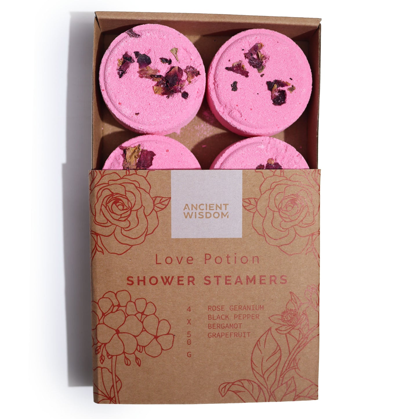 Love Potion Aromatherapy Shower Steamers – Set of 4 x 50g | Rose Geranium, Black Pepper, Bergamot & Grapefruit Essential Oils with Rose Petals