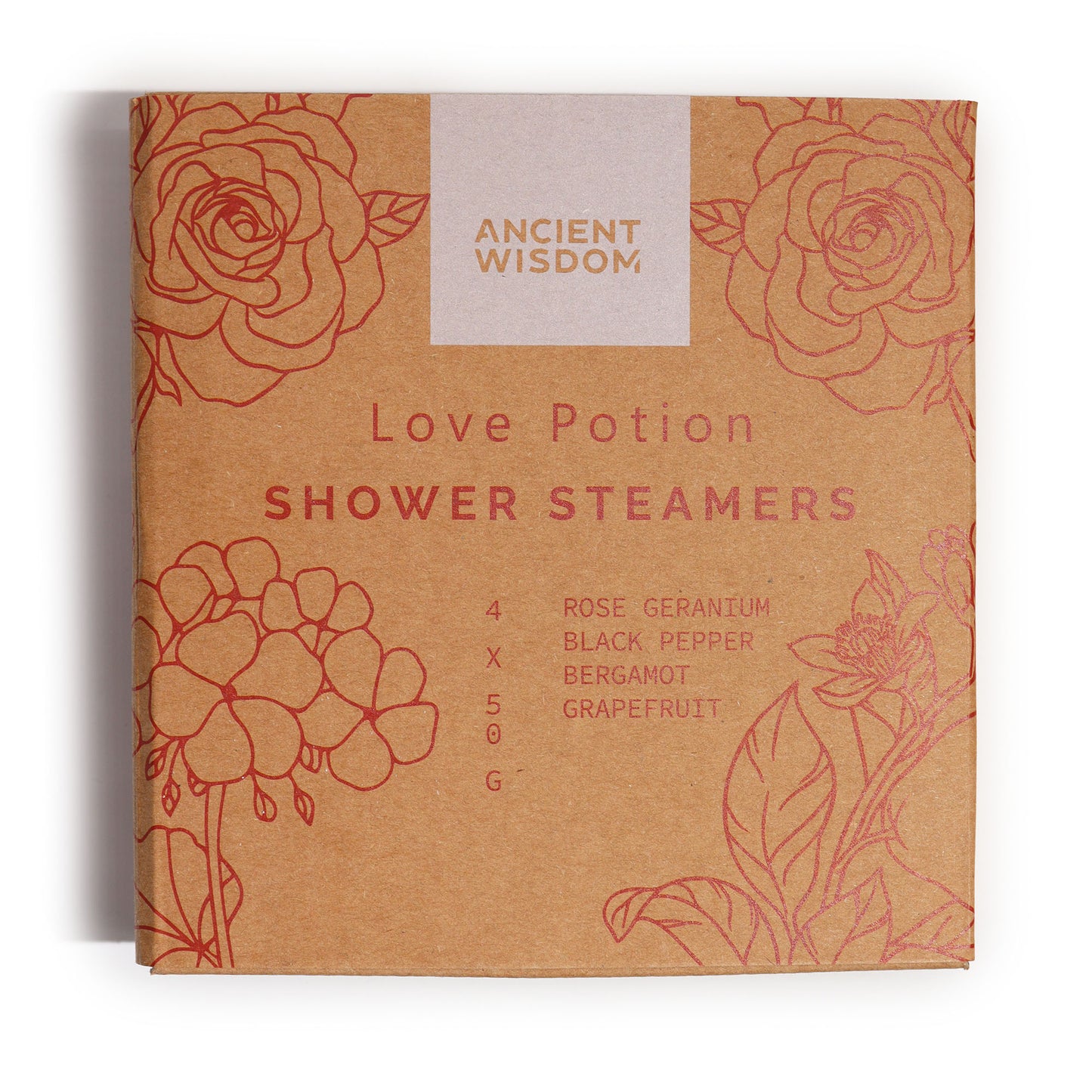 Love Potion Aromatherapy Shower Steamers – Set of 4 x 50g | Rose Geranium, Black Pepper, Bergamot & Grapefruit Essential Oils with Rose Petals