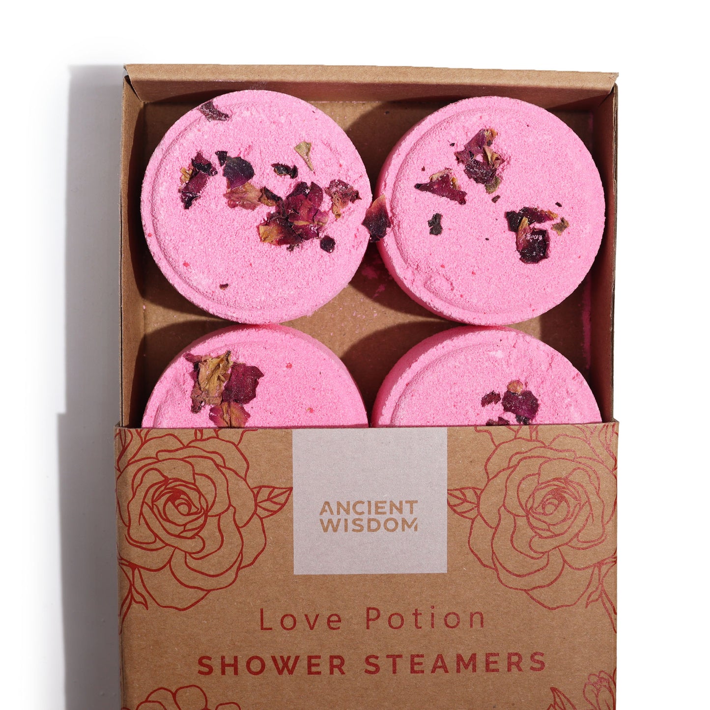 Love Potion Aromatherapy Shower Steamers – Set of 4 x 50g | Rose Geranium, Black Pepper, Bergamot & Grapefruit Essential Oils with Rose Petals