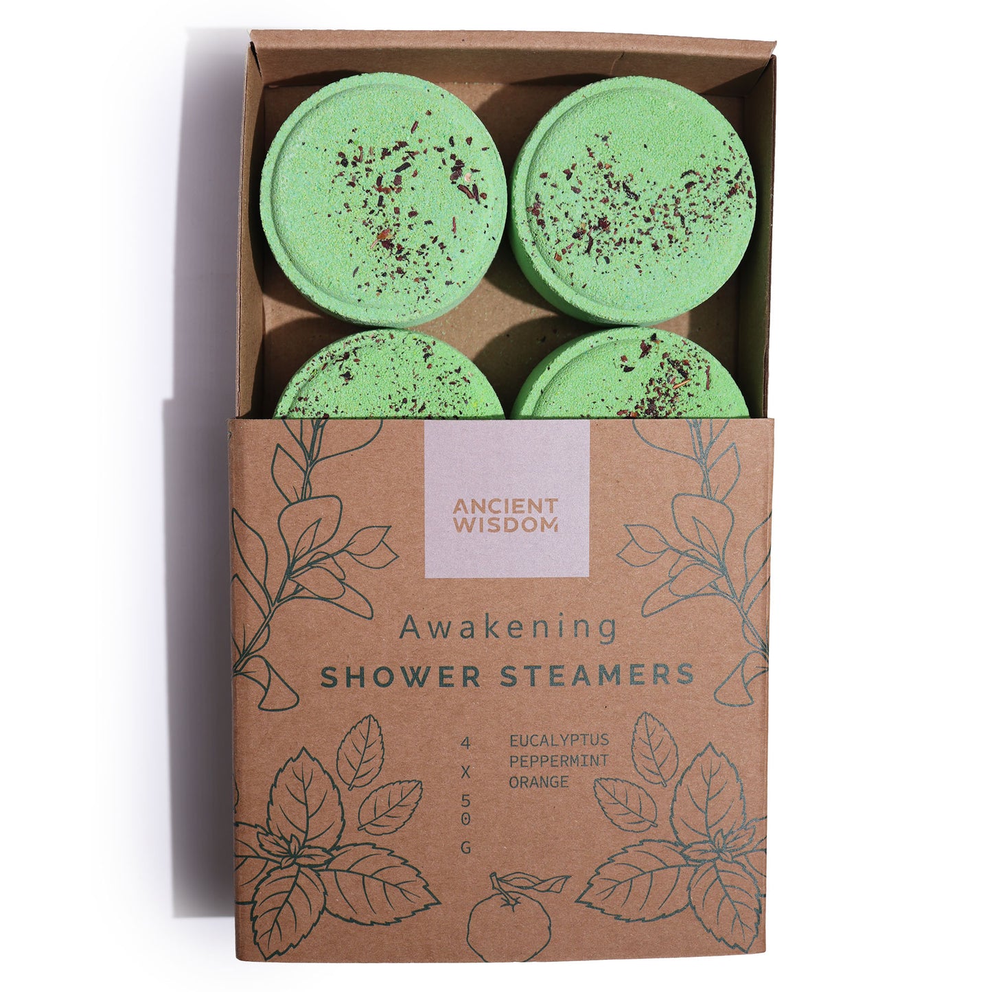 Awakening Aromatherapy Shower Steamers – Set of 4 x 50g | Orange, Eucalyptus & Peppermint Essential Oils with Dried Hisbiscus