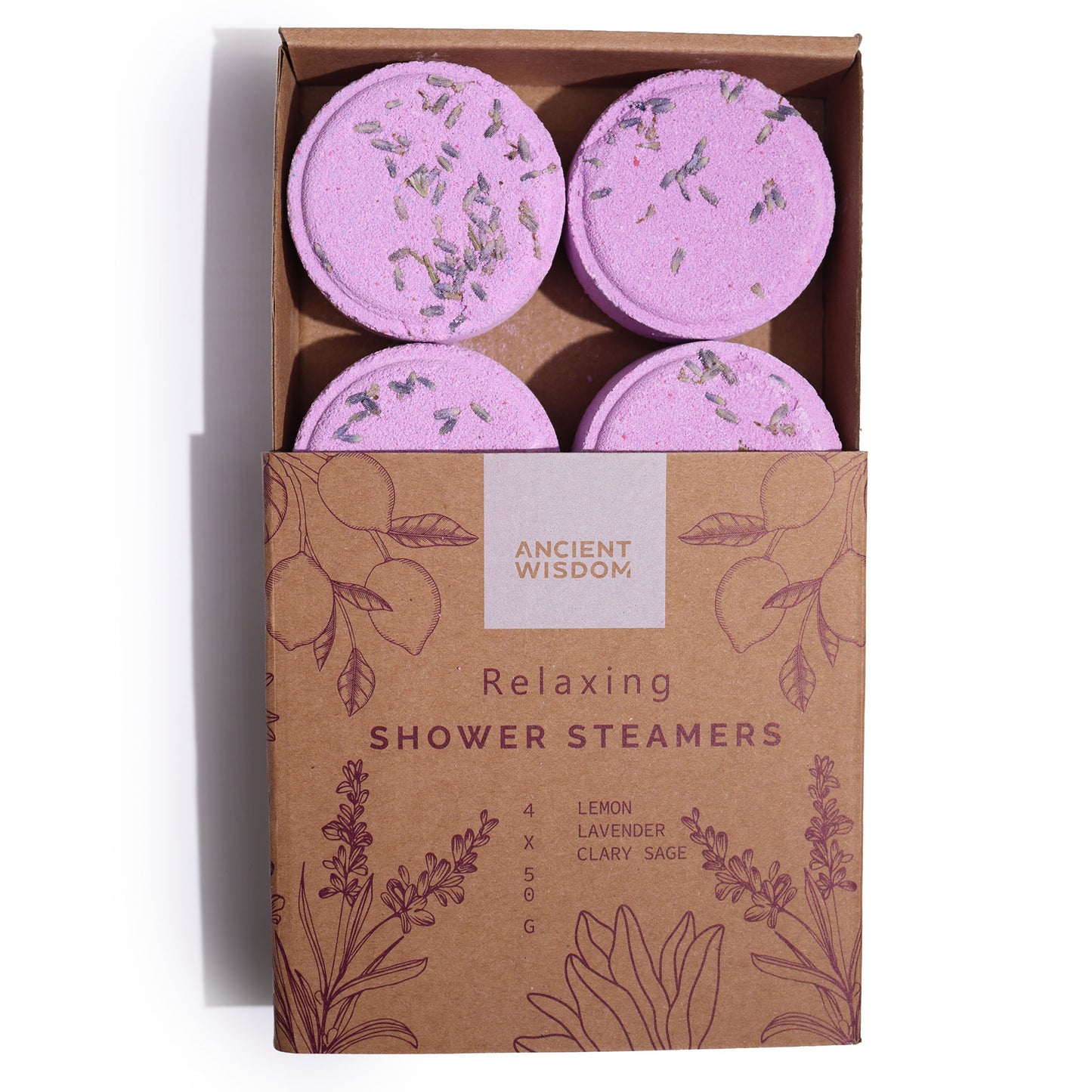 Relaxing Aromatherapy Shower Steamers – Set of 4 x 50g | Clary Sage, Lemon & Lavender Essential Oils with Dried Lavender
