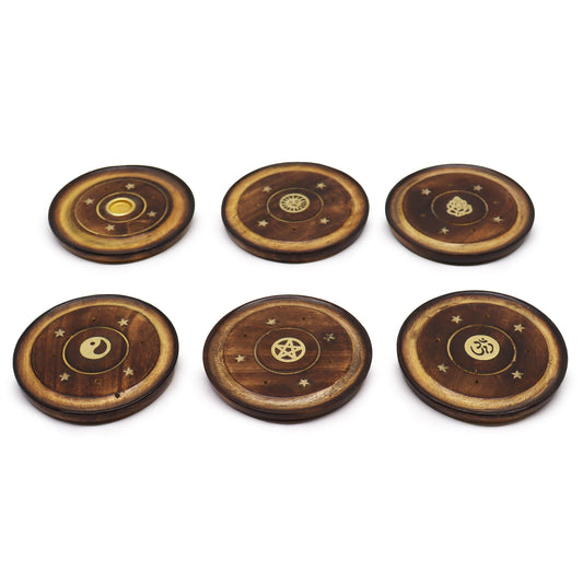 Mango Wood Incense Holder Disc – Assorted Designs | Handmade Cone & Stick Burner with Gold Detailing
