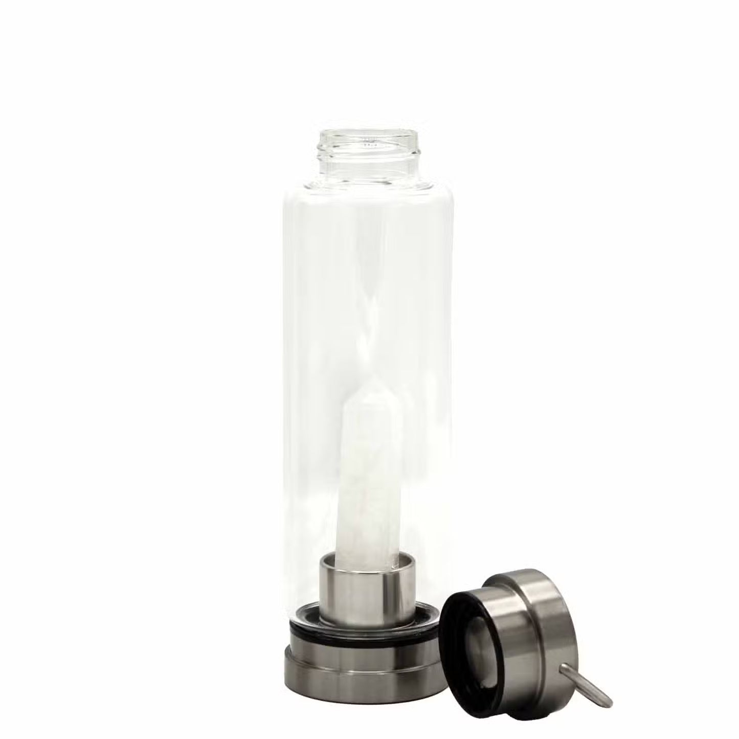 Clear Quartz Obelisk Crystal Infused Glass Bottle – 500ml | Stainless Steel Cap & Base