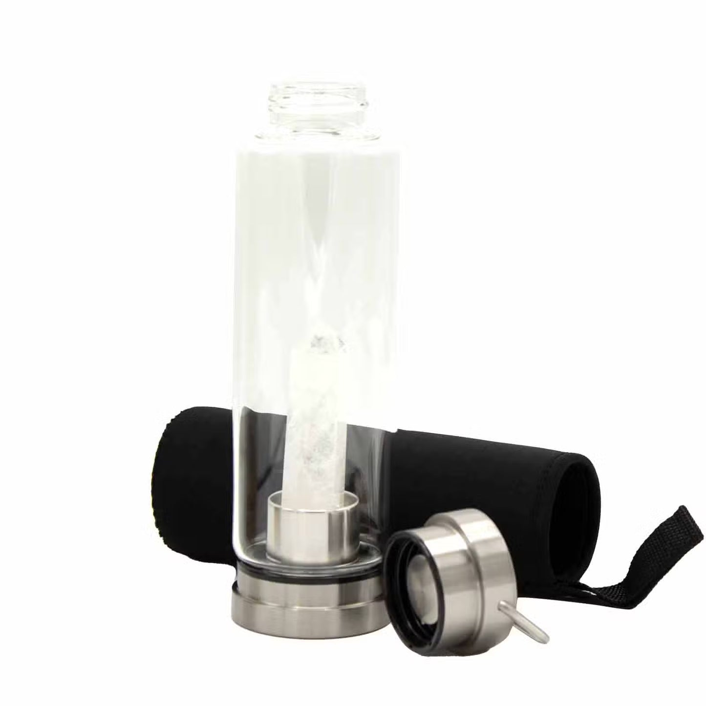 Clear Quartz Obelisk Crystal Infused Glass Bottle – 500ml | Stainless Steel Cap & Base