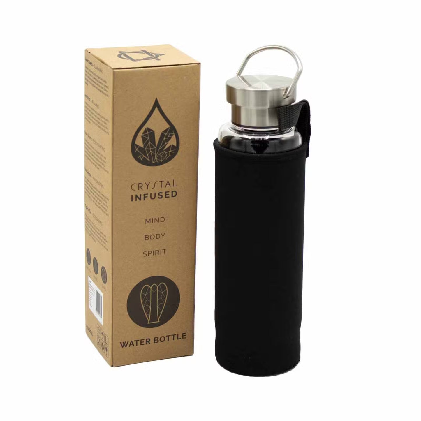 Clear Quartz Obelisk Crystal Infused Glass Bottle – 500ml | Stainless Steel Cap & Base