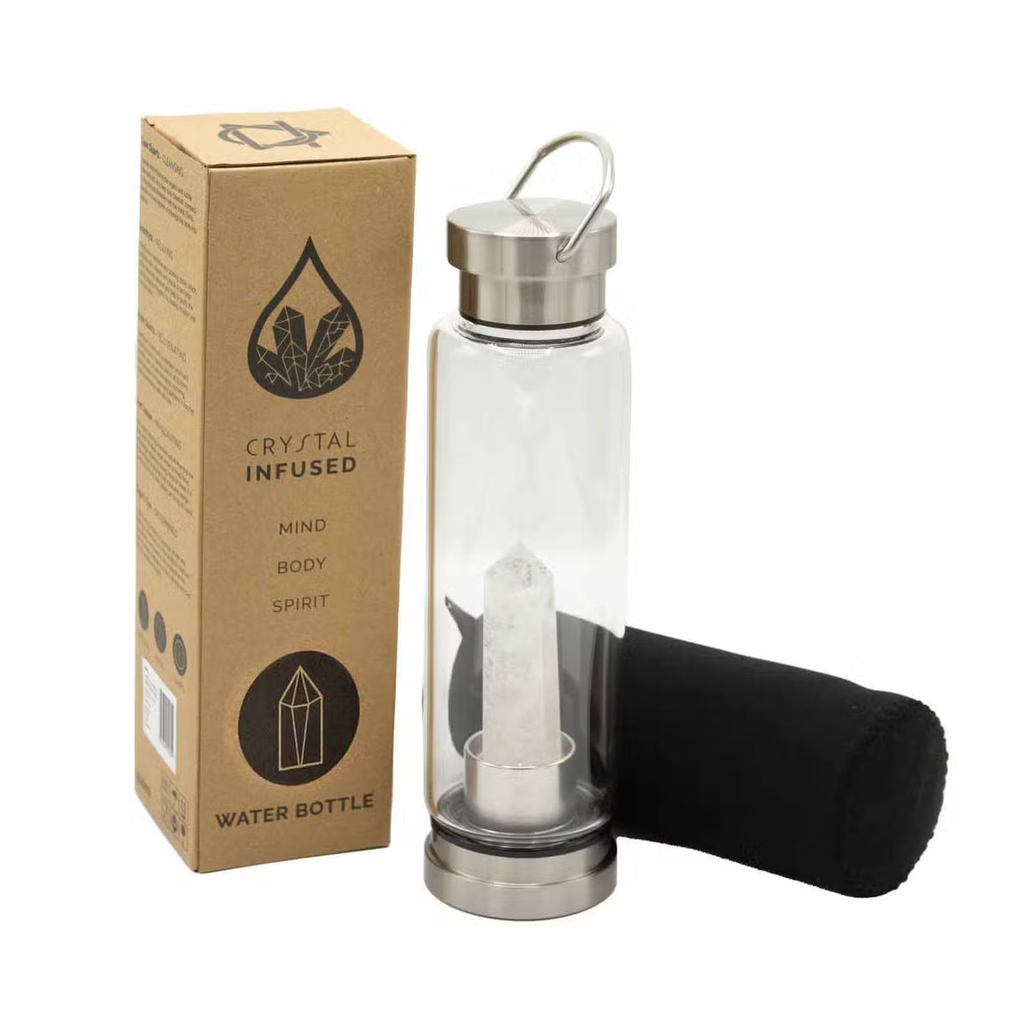 Clear Quartz Obelisk Crystal Infused Glass Bottle – 500ml | Stainless Steel Cap & Base