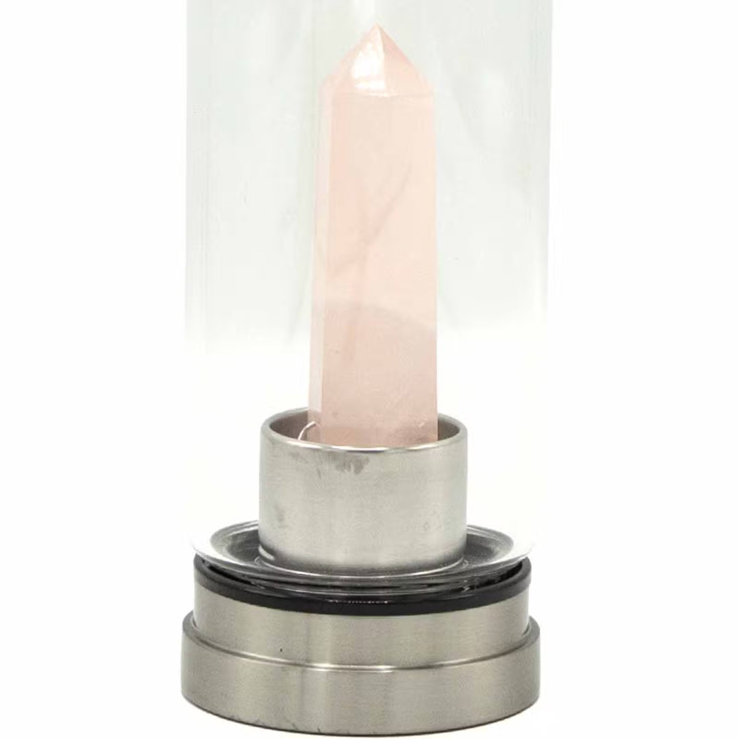 Rose Quartz Obelisk Crystal Infused Glass Bottle – 500ml | Stainless Steel Cap & Base