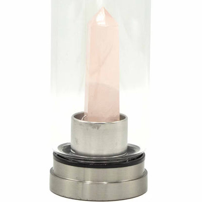 Rose Quartz Obelisk Crystal Infused Glass Bottle – 500ml | Stainless Steel Cap & Base