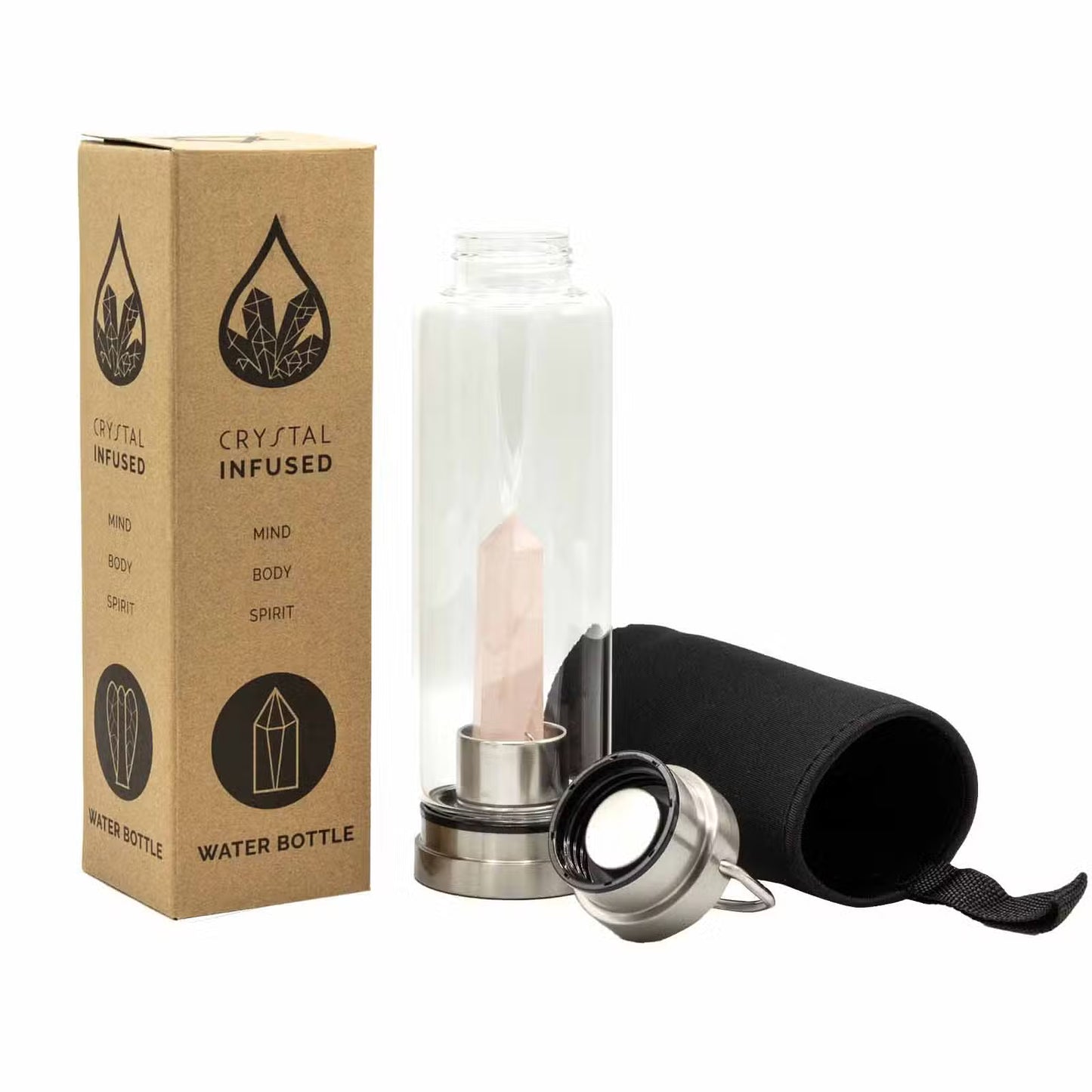 Rose Quartz Obelisk Crystal Infused Glass Bottle – 500ml | Stainless Steel Cap & Base