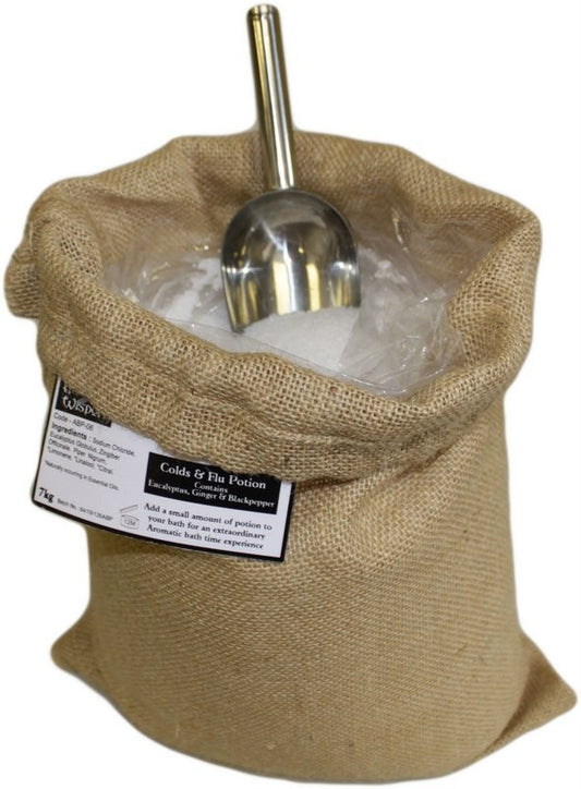 Cold & Flu Aromatherapy Bath Potion – 7kg Hessian Sack | Eucalyptus, Ginger & Black Pepper Essential Oils with Natural Sea Salt