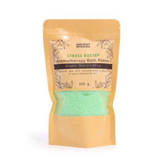 Stress Buster Aromatherapy Bath Potion – 350g | Bergamot, Geranium & Vetiver Essential Oils in Natural Sea Salt