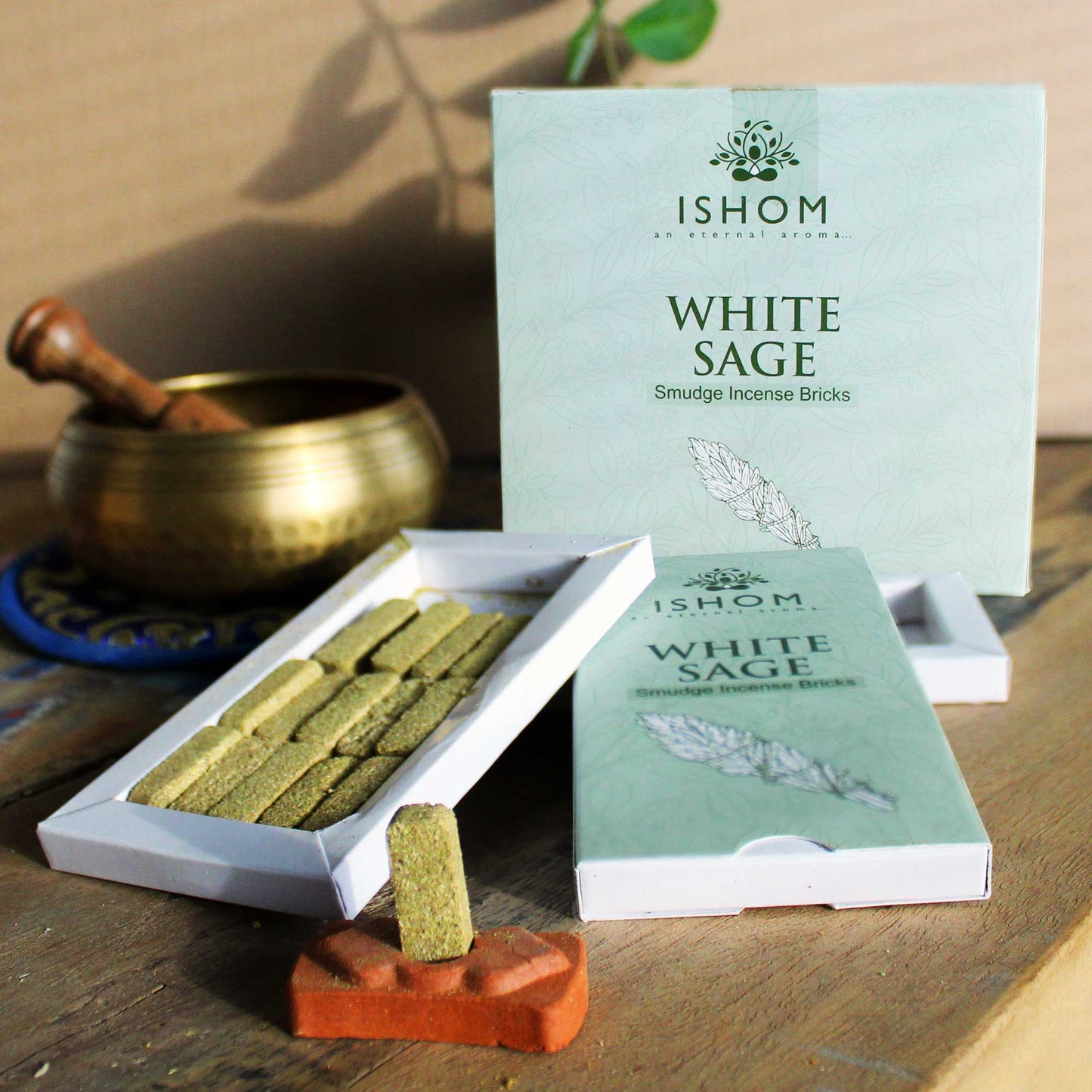 ISHOM Smudge Incense Bricks with Terracotta Holder – White Sage | 15-Pack Natural Aromatic Resin Bricks