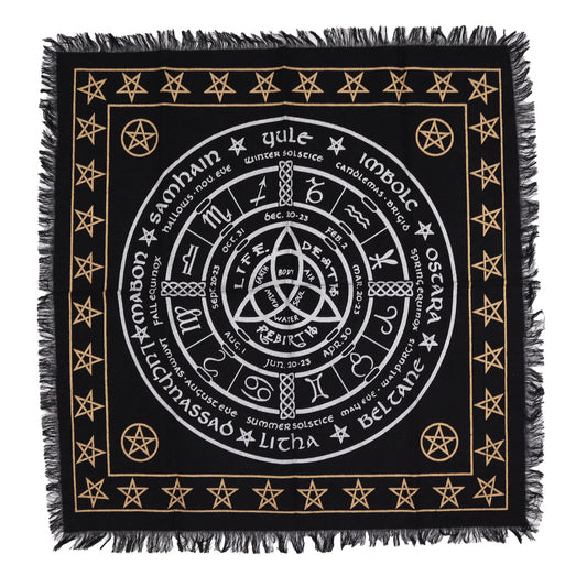 Fringed Black Altar Cloth – Life, Death & Rebirth Design | Cotton Cloth for Ritual & Altar Use