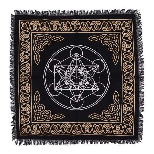 Fringed Black Altar Cloth – Chakra Chart Design | Cotton Cloth for Ritual & Altar Use