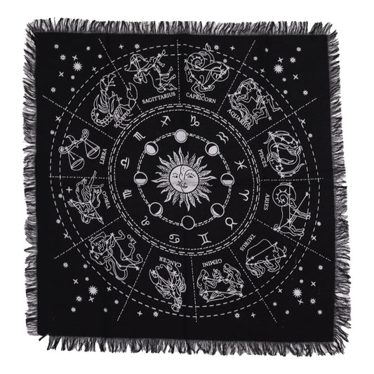 Fringed Black Altar Cloth – Horoscope Design | Cotton Cloth for Ritual & Altar Use
