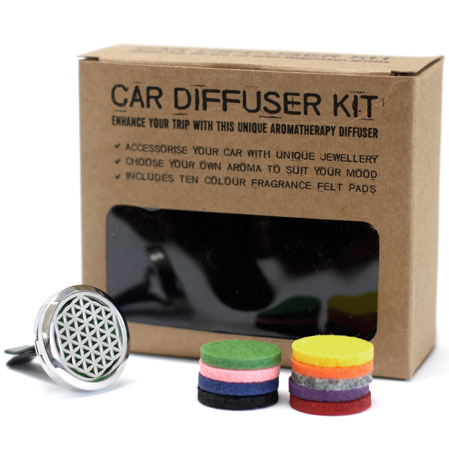 Car Essential Oil Diffuser Kit – Flower of Life | Stainless Steel Vent Clip with Reusable Felt Pads