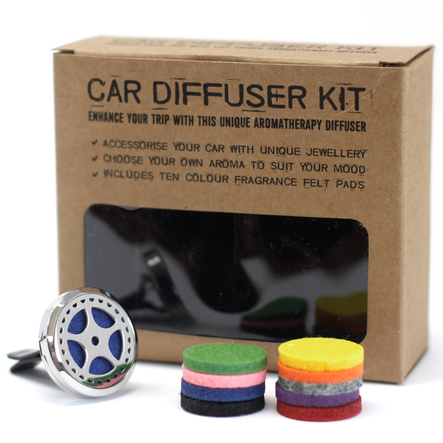 Car Essential Oil Diffuser Kit – Auto Wheel | Stainless Steel Vent Clip with Reusable Felt Pads