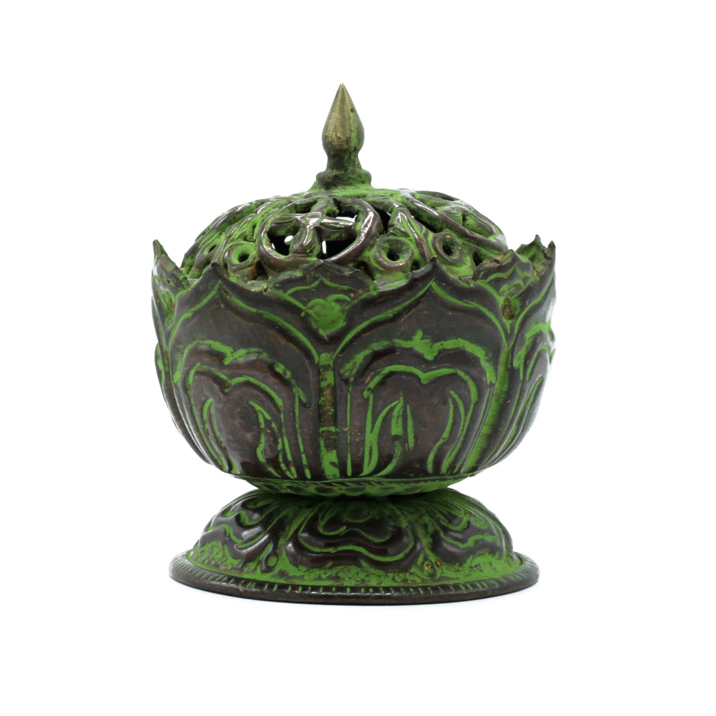 Brass Verdigris Tibetan Incense Burner – Small Lotus Pot | Purity & Enlightenment Symbol