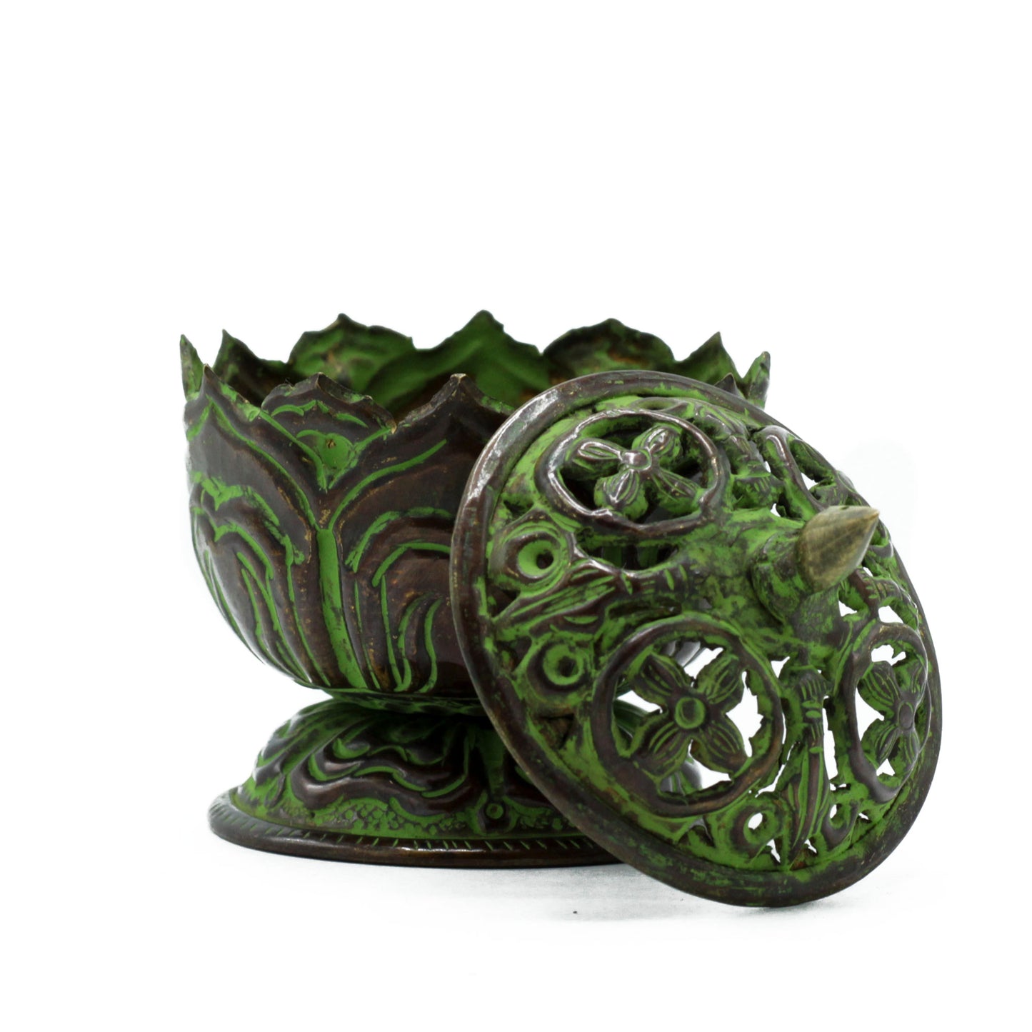 Brass Verdigris Tibetan Incense Burner – Small Lotus Pot | Purity & Enlightenment Symbol
