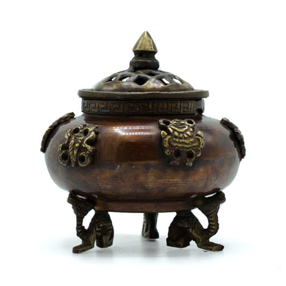 Brass Tibetan Incense Burner – Six Symbols Standing Pot | Cultural Symbolism & Elegance