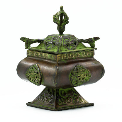 Brass Verdigris Tibetan Incense Burner – Four Symbol Square Standing Pot | Celestial Protection
