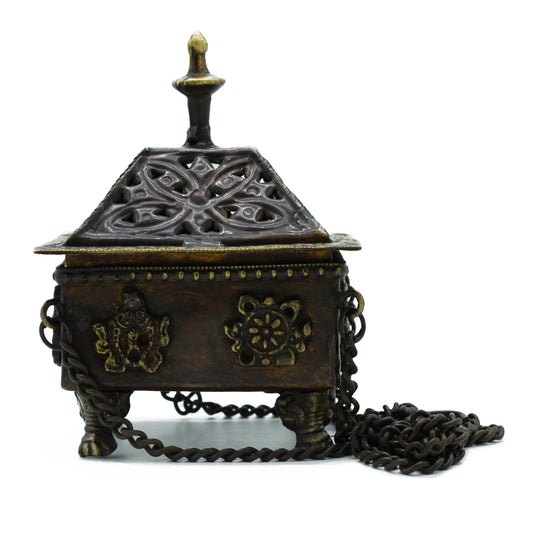 Brass Tibetan Incense Burner – Eight Symbols Square Hanging Pot | Sacred Design in Antique Finish