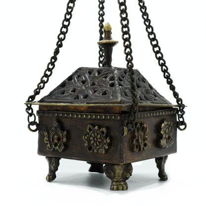 Brass Tibetan Incense Burner – Eight Symbols Square Hanging Pot | Sacred Design in Antique Finish