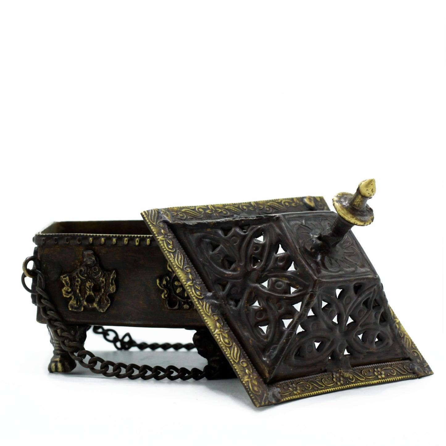 Brass Tibetan Incense Burner – Eight Symbols Square Hanging Pot | Sacred Design in Antique Finish