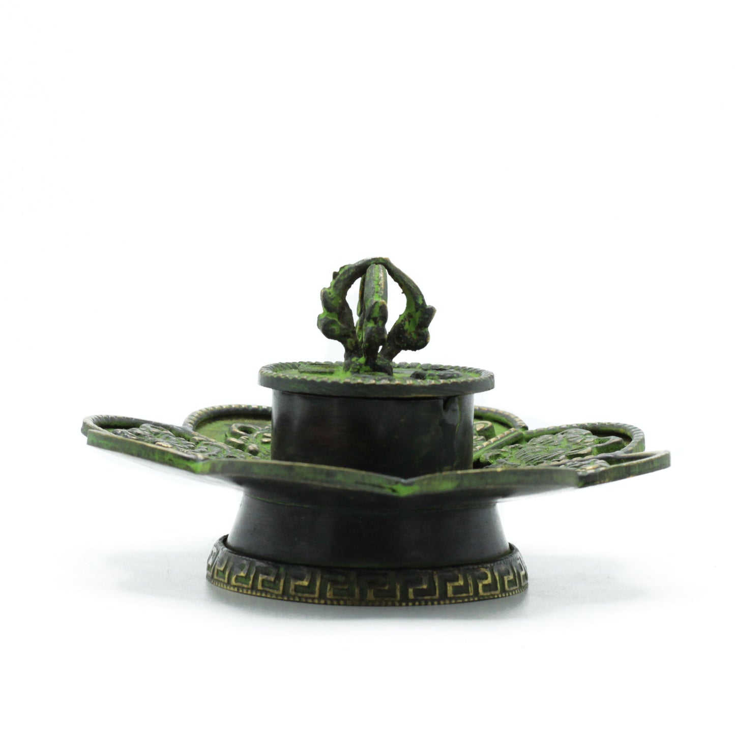 Brass Verdigris Tibetan Incense Burner – Eight Symbols Embrace | Flower-Shaped Holder