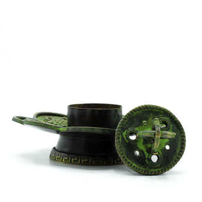 Brass Verdigris Tibetan Incense Burner – Eight Symbols Embrace | Flower-Shaped Holder
