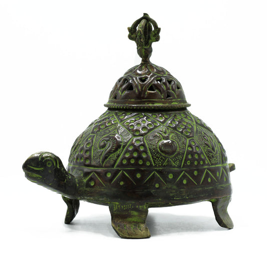 Brass Verdigris Tibetan Incense Burner – Large Tortoise Pot | Symbol of Longevity