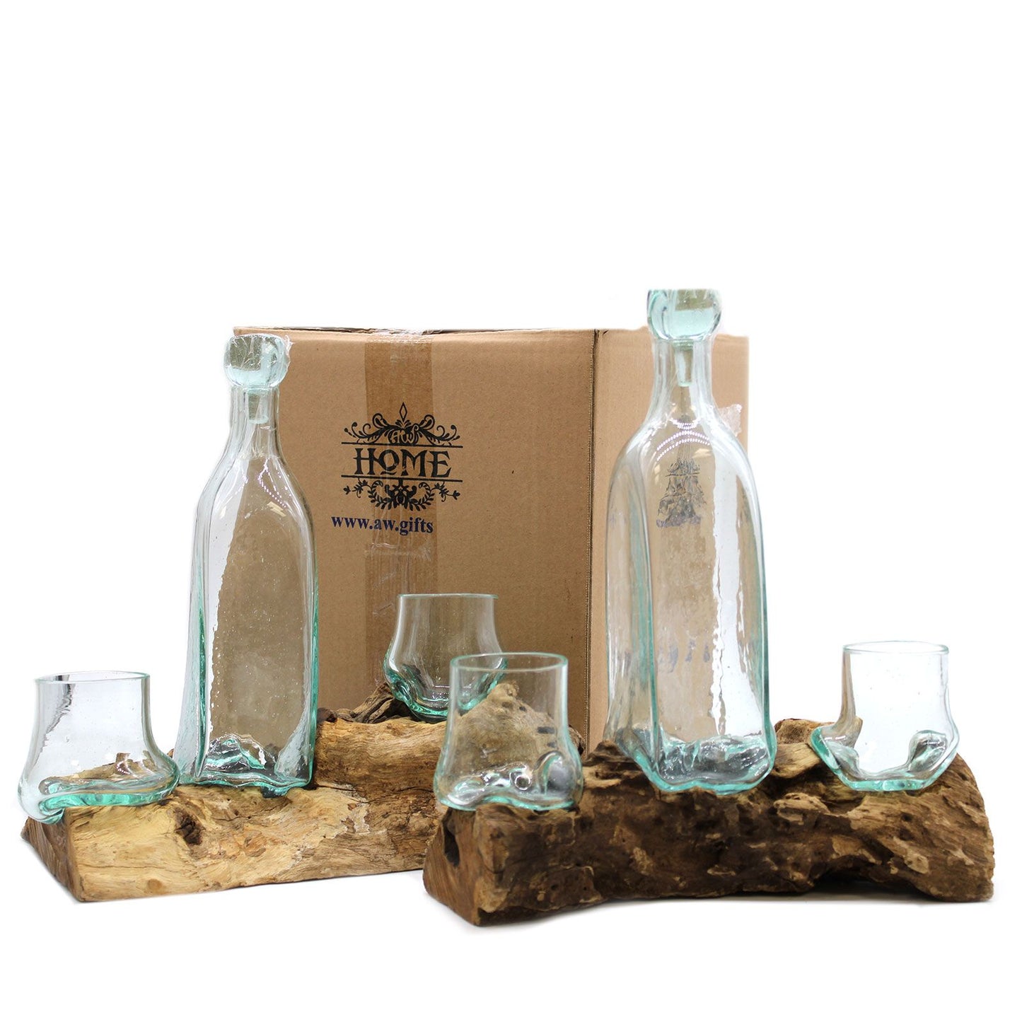 Molten Glass Decanter on Wood – Whiskey Set | Handcrafted Recycled Glass & Reclaimed Gamal Wood
