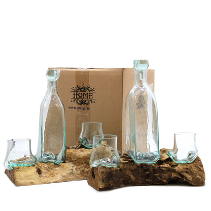 Molten Glass Decanter on Wood – Whiskey Set | Handcrafted Recycled Glass & Reclaimed Gamal Wood