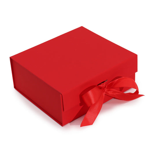 Red Luxe Gift Box – Medium | Flat-Pack Rigid Box with Ribbon Closure