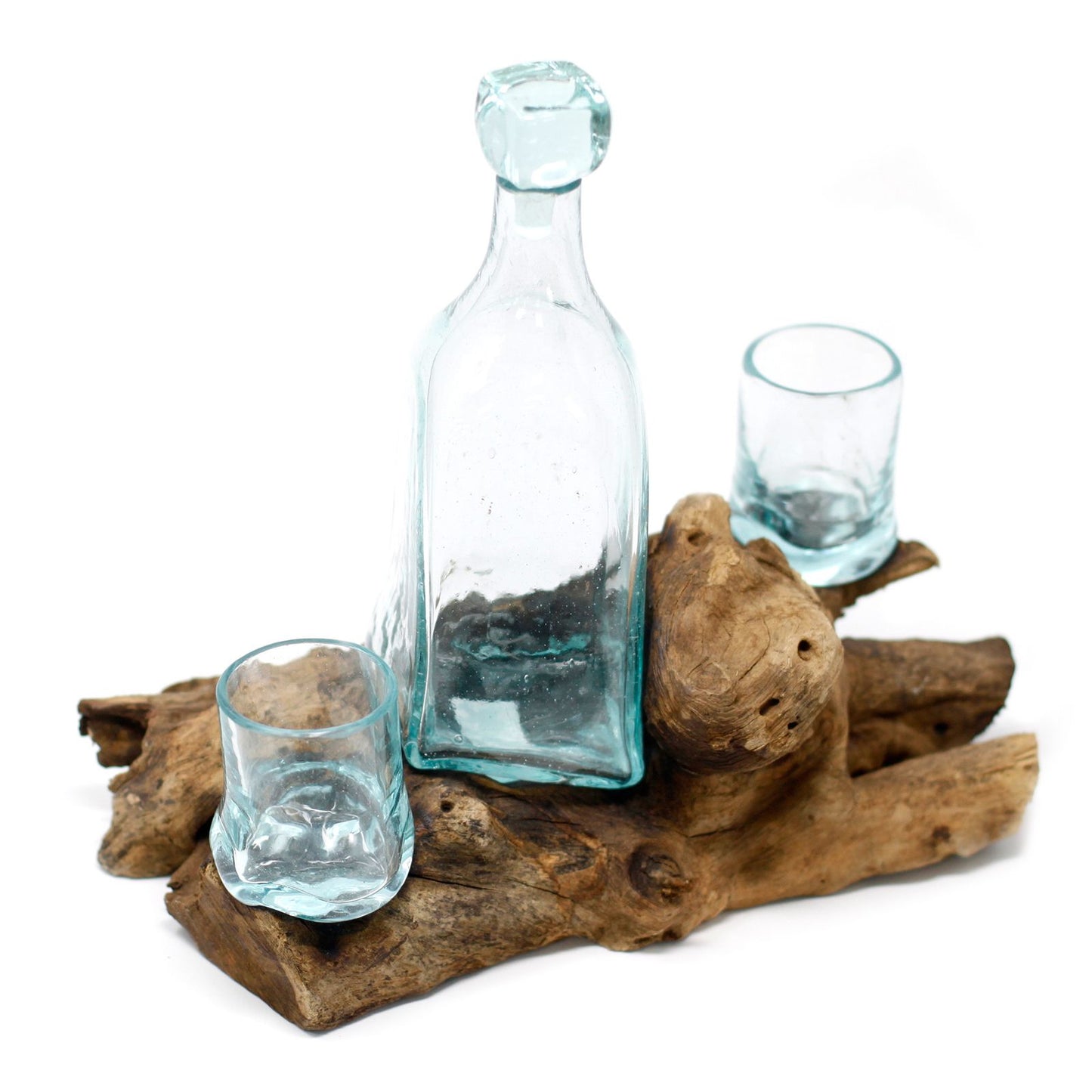Molten Glass Decanter on Wood – Whiskey Set | Handcrafted Recycled Glass & Reclaimed Gamal Wood