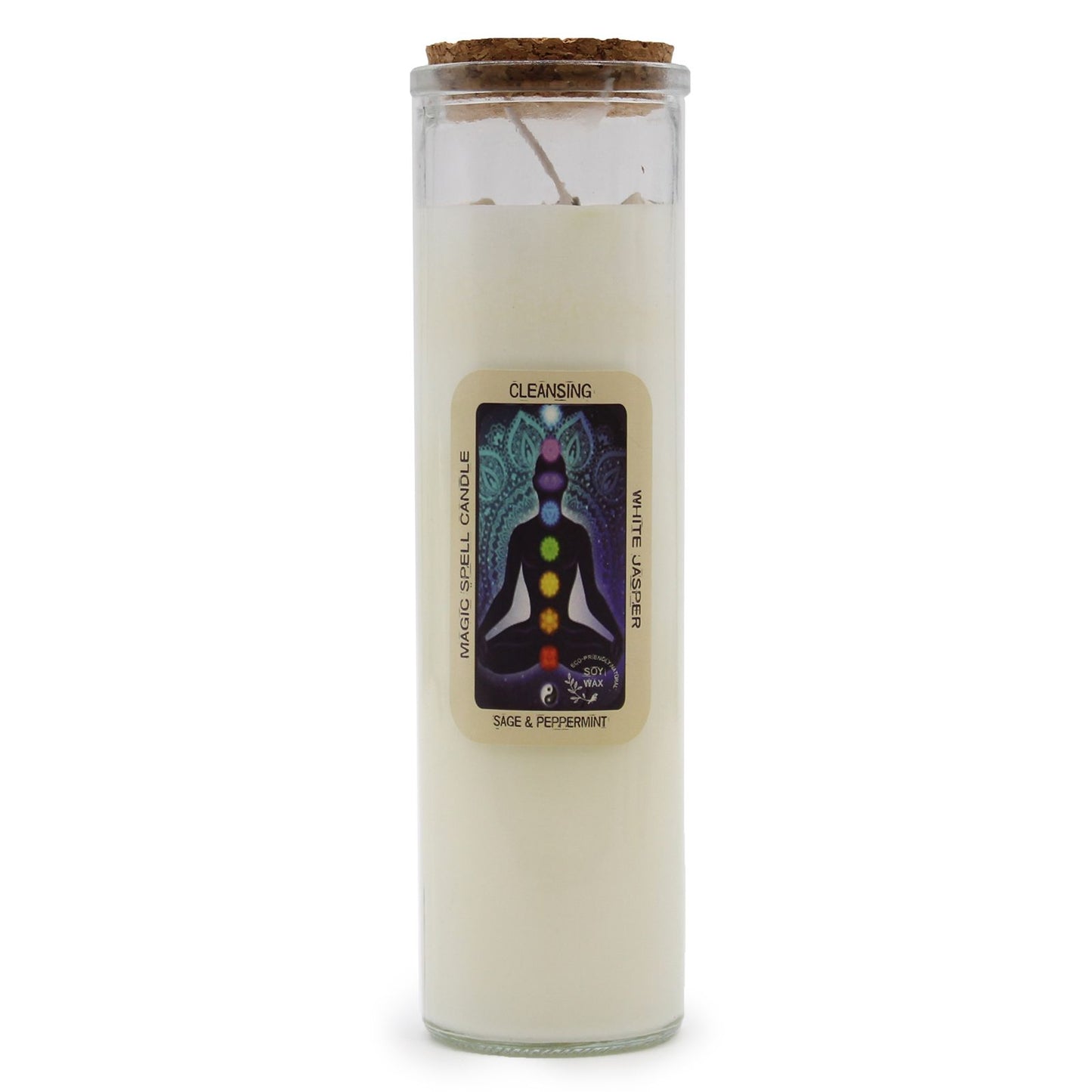Magic Spell Candle - Cleansing | Soy Wax with White Jasper Gemstones & Sage + Peppermint Fragrance