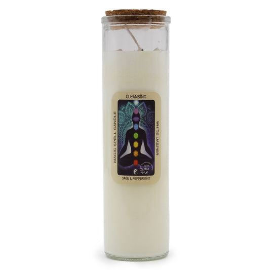 Magic Spell Candle - Cleansing | Soy Wax with White Jasper Gemstones & Sage + Peppermint Fragrance