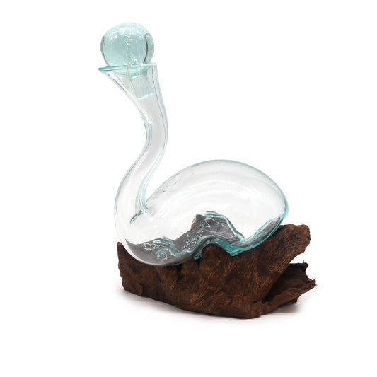 Molten Glass Decanter on Wood – Swan Decanter with Stopper | Handcrafted Recycled Glass & Reclaimed Gamal Wood