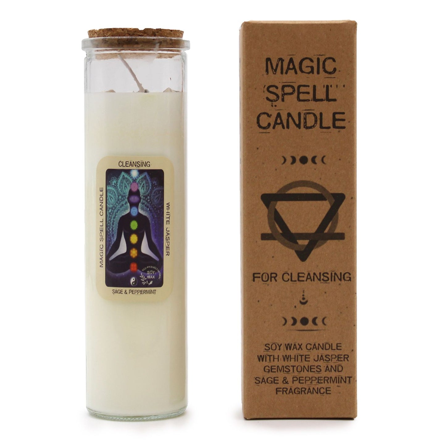 Magic Spell Candle - Cleansing | Soy Wax with White Jasper Gemstones & Sage + Peppermint Fragrance