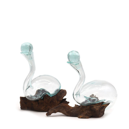 Molten Glass Decanter on Wood – Swan Decanter with Stopper | Handcrafted Recycled Glass & Reclaimed Gamal Wood