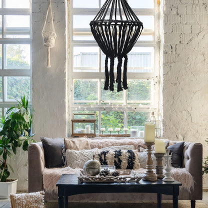 Macrame Large Drop Chandelier – Black | Hand-Woven Cotton